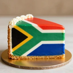 slice of birthday cake, the cake has the pattern of the south african flag, realistic, award - winning photography