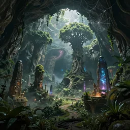 photo an overgrown deep underground cave on another world embellished with a lush overgrown jungle of beautiful ancient alien trees, low gravity planet, alien elvish cave village, scattered complex ancient monoliths emitting cosmic astral energy, giant spider webs hanging from the cave ceiling nebula fog and cosmic mist, 4 k rtx hdr volume light concept studio matte painting environment octane, ue 5, photorealistic render