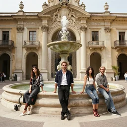 facility portrait, all subjects posing around a fountain baroque style 1 6 5 6 inspired by diego velasquez 1 2 ft distance