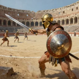incredible painting, close up, dramatic lighting, bounce light, a sword wielding gladiator wearing a gold helmet and reflective silver circle shield defensive fighting in a bight sandy arena, in the  Colosseum, dirt, sand, dynamic camera angle, deep 3 point perspective, fish eye, dynamic scene, by phil hale, ashley wood, geoff darrow, james jean, craig mullins, Jean-Leon Gerome, 8k, hd, high resolution print