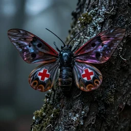 Red Cross moths darkart creepy 8k hyperrealism