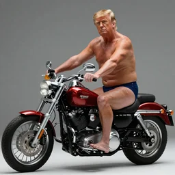 perfect photo of extremely muscular Donald Trump in a Speedo, riding a Harley, very attractive woman on his motorcycle with him