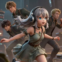 Very complicated dynamic composition, realistic anime style at Pixiv CGSociety by WLOP, ilya kuvshinov, krenz cushart, Greg Rutkowski, trending on artstation. Zbrush sculpt colored, Octane render in Maya and Houdini VFX, cute young elven girl in motion, she expressing joy, wearing dress, headphones, silky hair, stunning deep eyes. In cityscape. Very expressive and inspirational. Amazing textured brush strokes. Cinematic dramatic atmosphere, soft volumetric studio lighting.