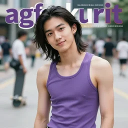 softblur portrait of a highschool senior with middle long black hair, shaven face, silver earring, violet tight tanktop, he is smirking into the camera for a cover of a gay print magazine, agfa akurit, street photography, lomography, iss space station, blurred, skateboard