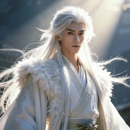 a handsome prince, white fringy hair, backlit, incredible lighting, strong rim light, subsurface scattering, photorealistic anime, by Heise Jinyao, Heise-Lian Yan Fang, Feimo, Richard Taddei, epic beautiful landscape, highly detailed, god rays, digital painting, HDRI, by Noah Bradley, vivid colors, high contrast, 8k resolution, intricate, photorealistic