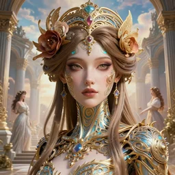 a stunning intricate exquisite imaginative exciting close up portrait of android woman, ornate magical intricate and soft by ruan jia, tom bagshaw, alphonse mucha, krenz cushart, beautiful palace ruins in the background, epic sky, vray render, artstation, deviantart, pinterest, 5 0 0 px models