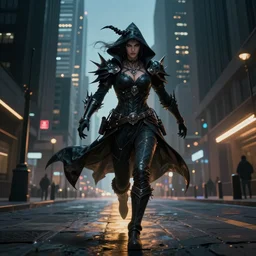 dark wizard from mu online running through costanera center in santiago de chile, cyberpunk art