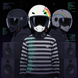 people wearing helmets, ryuta ueda artwork, jet set radio artwork, stripes, gloom, space, cel - shaded art style, broken rainbow, data, minimal, speakers, code, cybernetic, dark, eerie, cyber