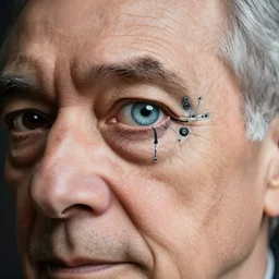 closeup portrait of an old man with a cybernetic eye, robot eye, studio lighting, DLSR
