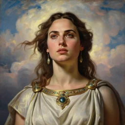 Head and shoulders masterpiece portrait oil painting of the beautiful goddess Gal Gadot as Artemisa, she is wearing roman clothes and a surreal jewelry, her hair is natural disheveled, she is approaching heaven over the clouds, naturalism, dramatic lighting, high-detailed oil painting by Ilya Repin, Michelangelo da Caravaggio, William Blake, Alex Grey and Beksinski, trending on Artsation, hystorical painting, naturalism, masterpiece, 4k, 8k,