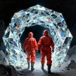 two scientist wearing red hazmat suits entering the glowing geometric crystal dimensional gateway by frank frazetta