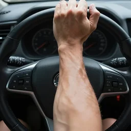 muscular arm grabbing a steering wheel at the top, first person pov, detailed,