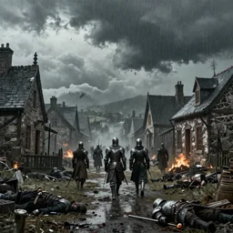 A war-torn village scattered with bodies while knights walk through, cinematic, raining, clouds, flames, 8k resolution, outstanding detail, sharp, upscaled, trending, war, muted colors