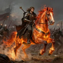 ainz ooal gown leading his undead army to battle riding a flaming horse, undead soldiers in background, battlefield, highly detailed, deep focus, elegant, artstation, digital painting, smooth, sharp focus, illustration, ultra realistic, 8 k, art by theodore chassiorio by ivan aivazovsky by pedro americo