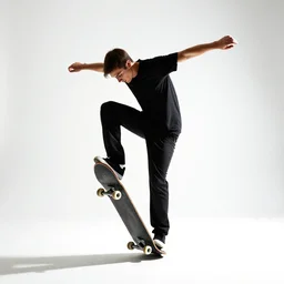 graceful skateboarder mid-trick, cinematic studio photo, full body, standing, isolated on a pure white background, centered, whole figure in frame, sharp focus, studio lighting