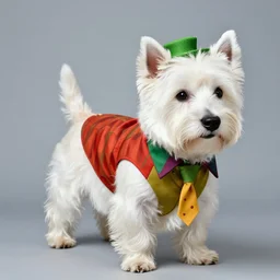 Photogrpah of a West Highland Terrier wearing dressed as the Joker