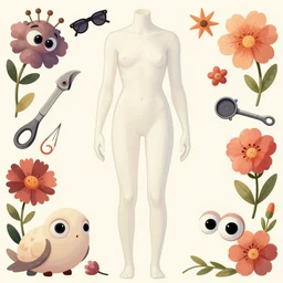 body, tools, creatures, flowers, big eyes, sharp focus, smooth, digital illustration, by mcbess, dore, symmetry, by alexander mcqueen, trending on artstation