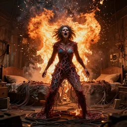 rgb, woman, explosions, bedroom full of fire, rage, cinematic, movie scene, inspired by zdzislaw beksinski, clothes made out of veins,, cables everywhere, bedroom, ultra realistic, concept art, intricate details, highly detailed, photorealistic, octane render, 8 k