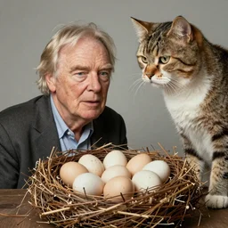 david attenborough in a nest of eggs, exotic shorthair cat, mother cat, national geographic, strange, photorealistic