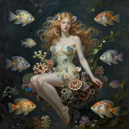 unique non-conventional beauty, ornamental fish and corals and seaweed, surreal, intricate, etheric, floating, sensual, dramatic lighting, emotionally evoking symbolic metaphor, painterly, insanely detailed, lifelike, digital painting, artstation, concept art, smooth, sharp focus, illustration, art by John Collier and Krenz Cushart and Artem Demura and Alphonse Mucha and Albert Aublet