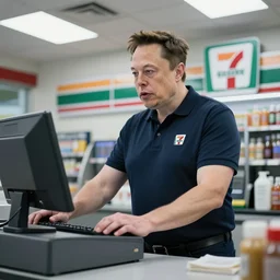 Elon Musk manning a 7/11 cashier and wearing their uniform, macro, wide shot, dramatic lighting, octane render, hyperrealistic, HD