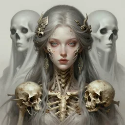 stunning goddess of ghosts portrait, skull, bones, dirt, fantasy, intricate, elegant, highly detailed, digital painting, artstation, concept art, smooth, sharp focus, illustration, art by afshar petros and krenz cushart and artem demura and tony sandoval
