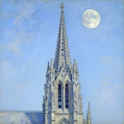oil painting of cathedral spire reaching towards the moon, detailed, light blue, impressionist, renoir, monet