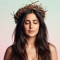 A analog head and shoulder frontal portrait photography of Katrina Kaif wearing an intricate twig crown by Annie Leibovitz, long messy hair, eyes closed, soft gradient pastel color background,  backlit. Kodak Color Plus 200 film, tropical mood, detailed, hq, realistic, warm light, muted colors. lens flare. photoreal. Leica M9.