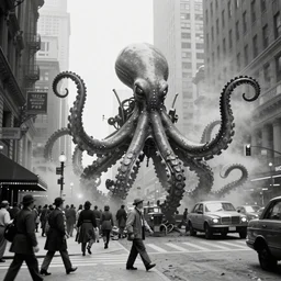 old black and white photo, 1 9 1 3, depicting a giant alien dieselpunk octopus rampaging through the bustling streets of new york city, historical record, volumetric lights