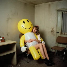 bored housewife meets a smiley inflatable toy in a seedy motel room, 1982 color Fellini film, ugly motel room with dirty walls and old furniture, archival footage, technicolor film, 16mm, live action, John Waters, wacky comedy