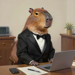 A capybara in a tuxedo getting prepared to go to work in the morning as an expressive oil painting