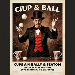 an old magic poster showing a magician performing the cups and balls trick