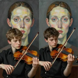 portrait of two young violin players getting ready to perform looking, half figure front, francis bacon and pat steir and hilma af klint and james jean, psychological, photorealistic, symmetrical faces, intriguing eyes, rendered in octane, altermodern, masterpiece