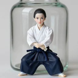 cinestill 5 0 d, 8 k ; beautiful hyperrealistic real - life azure eyes britt marling porcelain gauze aikido figurine in victorian glass jar in aikido ( 1 9 9 1 ) film still of zen glass garden flower scene in frontiers in porcelain photography fashion june medium full shot closeup portrait edition ;, tilt shift background