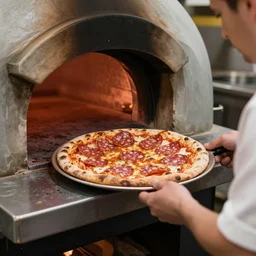 a cook putting a pizza salami in a hot stone oven in a restaurant, hyperdetailed, ultra realistic, warm colors