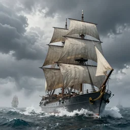 battleship as tall as a mountain with huge sails, raging sea foggy, dramatic, action scene, stormy background, shipfleet on the horizon, high detail, unreal engine, octane render, 8 k high definition, photorealistic