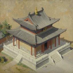 top three quarter isometric view of traditional chinese temple in yunnan, john singer sargent, oil on canvas