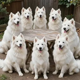 7 white shepherd dogs sitting around a table