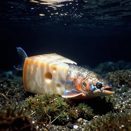 a photo of an angry swiss cheese salmon in its natural habitat, kodak ektachrome e 1 0 0 photography