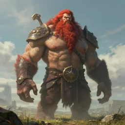 a highly detailed portrait of a epic massive fantasy giant with red hair and beard standing ominously in a field concept art