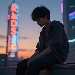 a figure of boy sitting on edge, dusk sunset in background, melancholic atmosphere, neon signs, cyberpunk, close up, by rhads, xf iq 4, f / 1. 4, iso 2 0 0, 1 / 1 6 0 s, 8 k, raw, featured in artstation, octane render, cinematic, elegant, intricate, 8 k