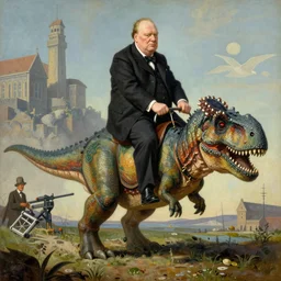 Winston Churchill riding a T-Rex, painting by Jean Giraud and René Magritte and Gary Panter