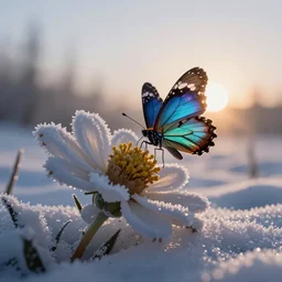cyber butterfly, drinking from a large beautiful flower, dawn, snow, frost, sunrise, macro shot, hyper realism,