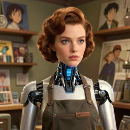 cybertronic led fembot. highly detailed portrait of anna faith as a shopkeep with a retro hairstyle. screenshot from hbo westworld, norman rockwell, stephen bliss, 8 k, unreal engine, art by greg rutkowski, katsura masakazu, makoto shinkai, satoshi kon, global radiant illumination, detailed and intricate environment