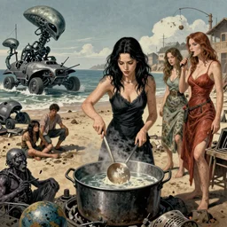 she makes the deep boil. dark fantasy about casually - dressed women with male humans in dirty seaside town, a globster, and beautiful song. action - packed hunting!!! hybridizing!! alien - robot invasion science - fiction blockbuster. operating alien military vehicles and weapons. art by norman rockwell.