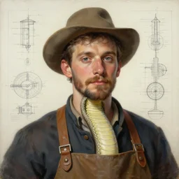 beautiful painting portrait, romantic anthropomorphic snake oil salesman, art by simon bisley. very detailed lifelike features. technical diagram. engineering blueprint. trending on artstation, hyperrealism, unreal engine.