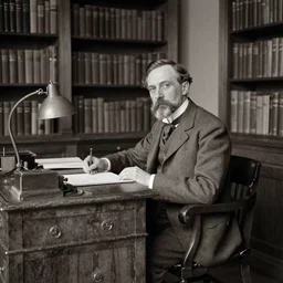 Edmund Husserl sitting at an old oak desk, in his personal library, vintage photograph