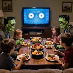 a family of frankensteins monsters enjoying their microwave dinners together in their living room, the light from their television reflects off both their dead eyes, and the bolts in their necks, photo, HDR, high contrast, detailed, 4k