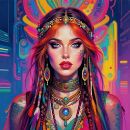 colorful portrait of a female hippie, but set in the future 2 1 5 0 | highly detailed | very intricate | symmetrical | professional model | cinematic lighting | award - winning | painted by mandy jurgens | pan futurism, dystopian, bold psychedelic colors, cyberpunk, anime aesthestic | featured on artstation