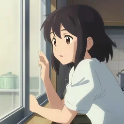 anime film visual portrait of a young woman looking at her kitchen window, finely detailed facial features, cute face by ilya kuvshinov, makoto shinkai, katsura masakazu, kyoani, dynamic pose, crisp and sharp, yoshinari yoh, anime poster, ambient light, 4 k